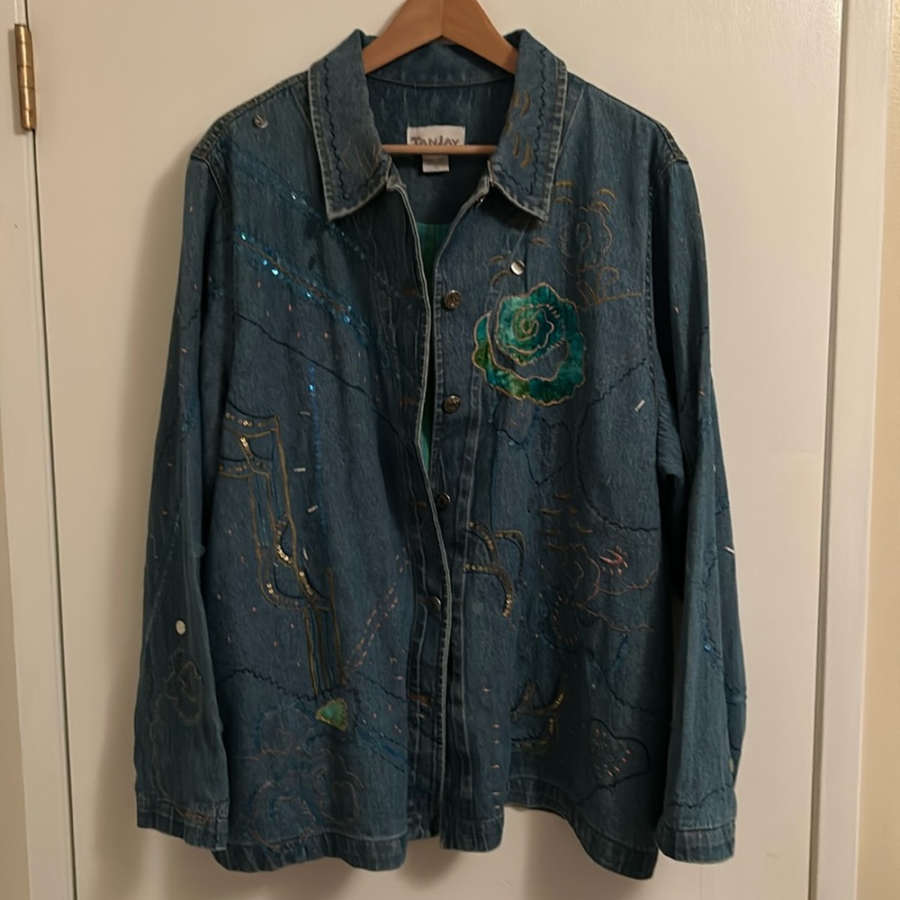 TanJay NWT fun and pretty Jean jacket  with appliqué, embroidery, and sequins